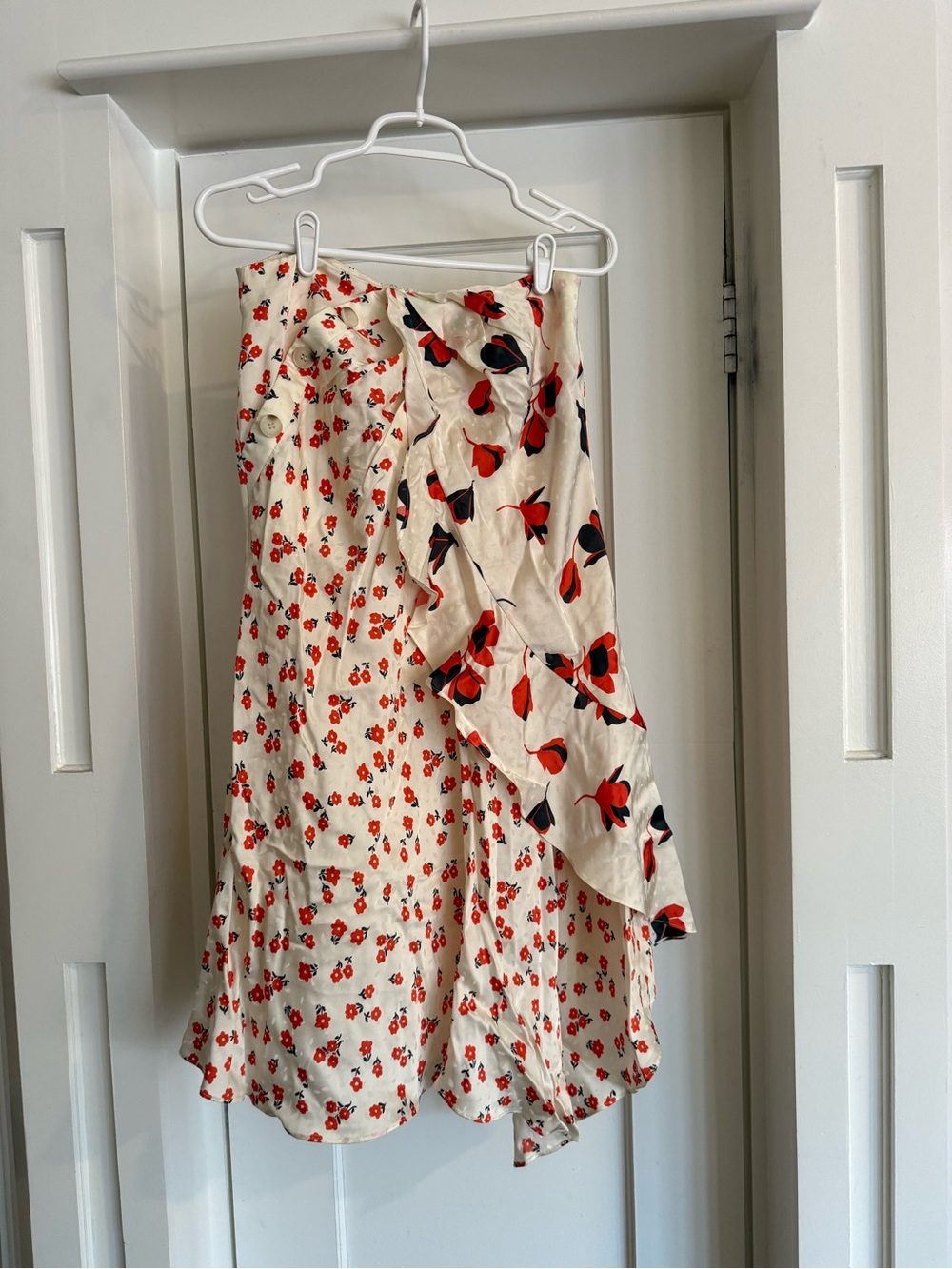Self-Portrait Cream Midi Skirt with Red Floral Print